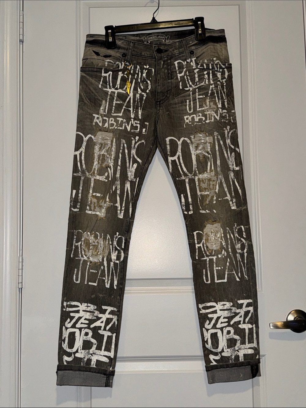 Robin's Jean Men's Gray Skinny Jeans with White Graphic and Gold Accents